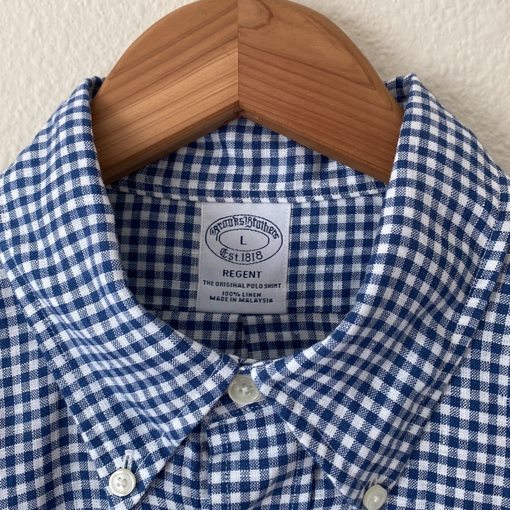 Brooks Brothers Regent Fit Men’s Shirt L 100%Linen White&Blue Plaid ButtonDown - Picture 2 of 9
